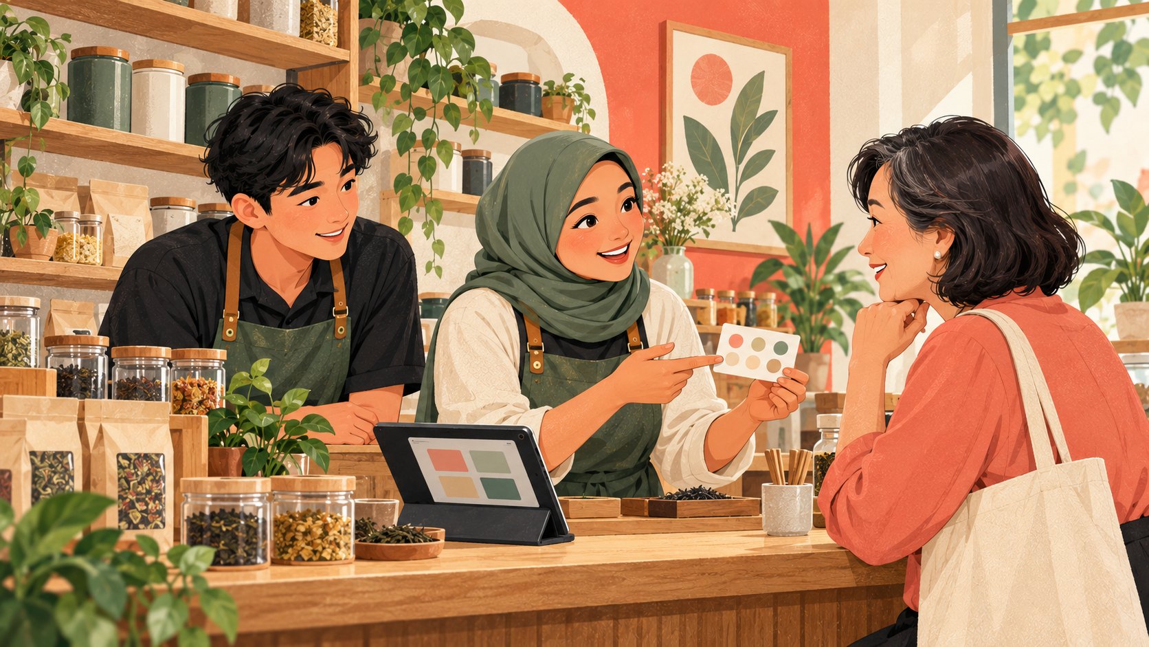 Illustration of a tea shop owner explaining a member reward to a customer