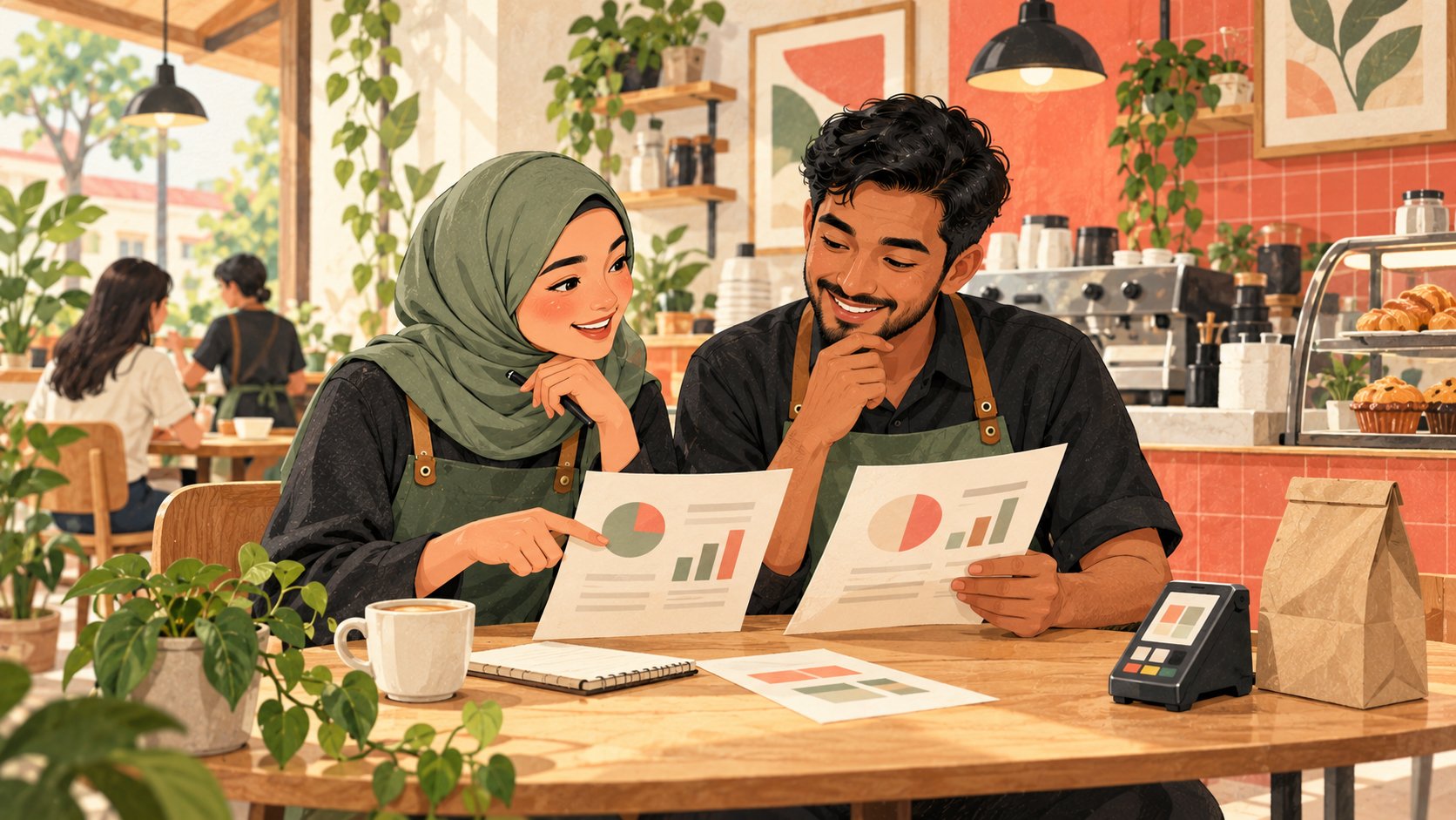 Penjaja dan pemilik kafe Singapura rekaan menyemak sebut harga pembayaran di sebelah terminal kecil