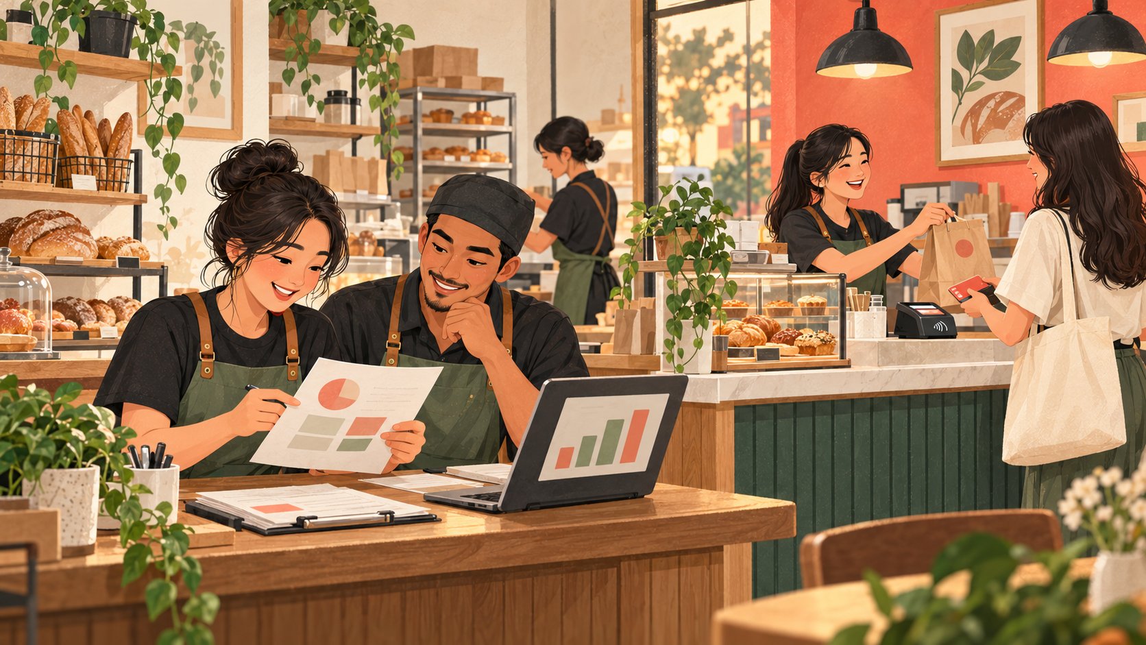 Pasukan kedai roti Singapura rekaan menyemak rekod pembayaran ketika pelanggan membayar di kaunter