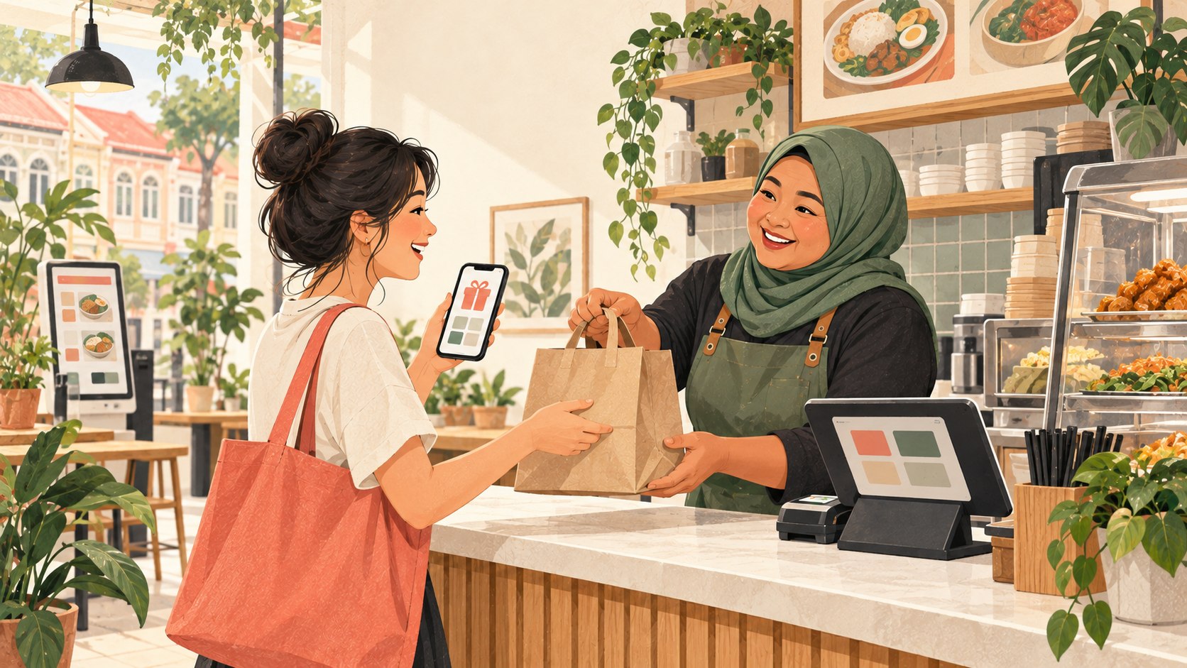 Fictional Singapore takeaway merchant welcoming a returning customer with a rewards phone and lunch bag