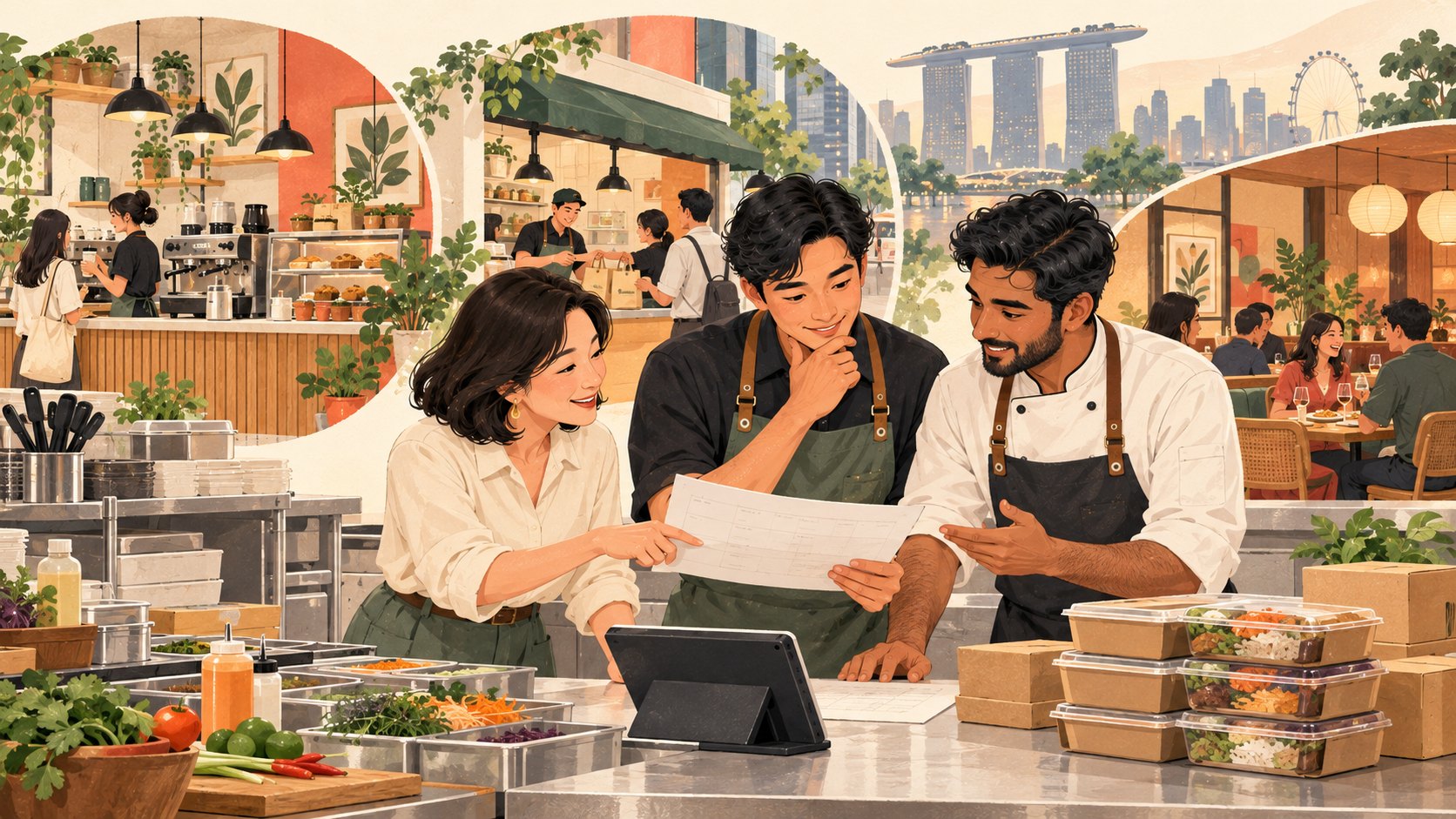 餐饮集团协调中央厨房与三种不同门店概念的插画