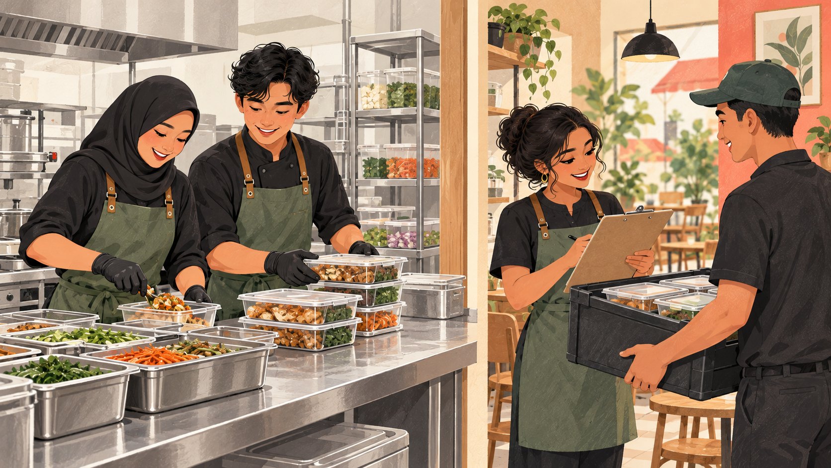 中央厨房员工准备餐盒、门店核对到货的插画