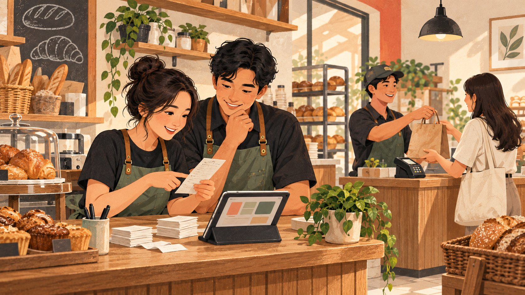 Illustration of bakery colleagues checking the day’s records while a customer collects an order