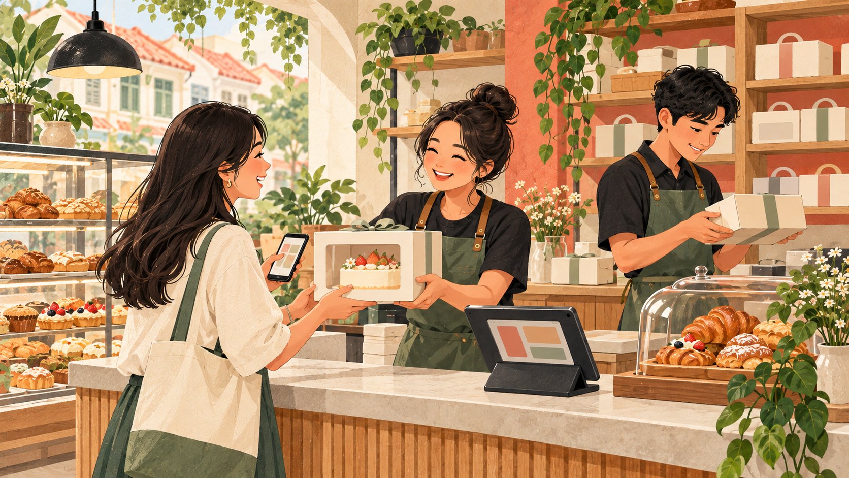 插畫：麵包店員工把預訂的慶祝蛋糕交給顧客