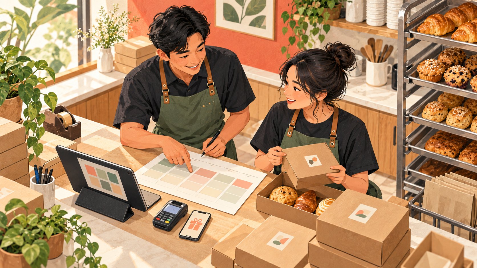插畫：麵包店同事規劃取貨時間並檢查備好的訂單