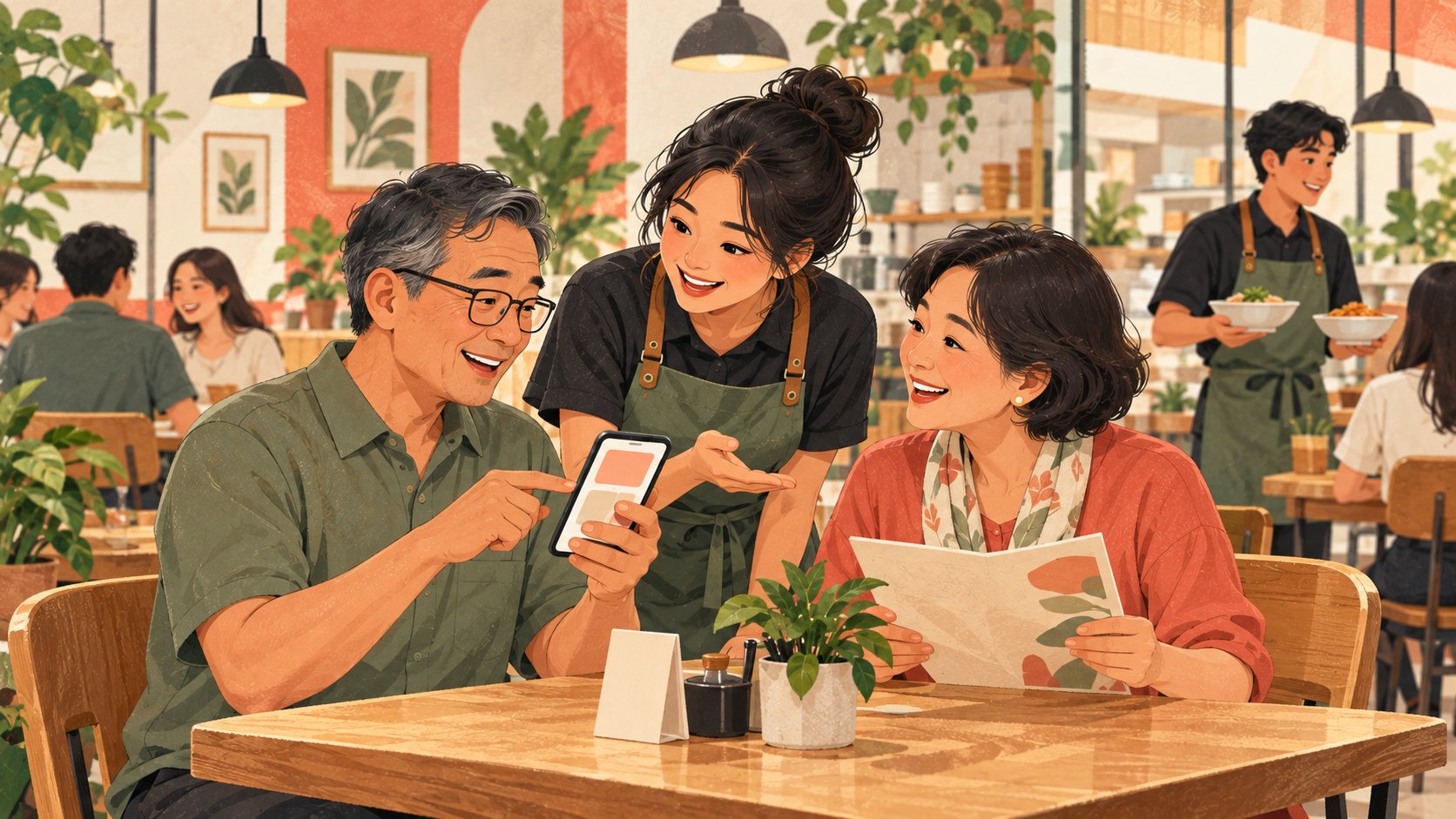 Illustration of a restaurant server helping older guests choose from a phone and paper menu