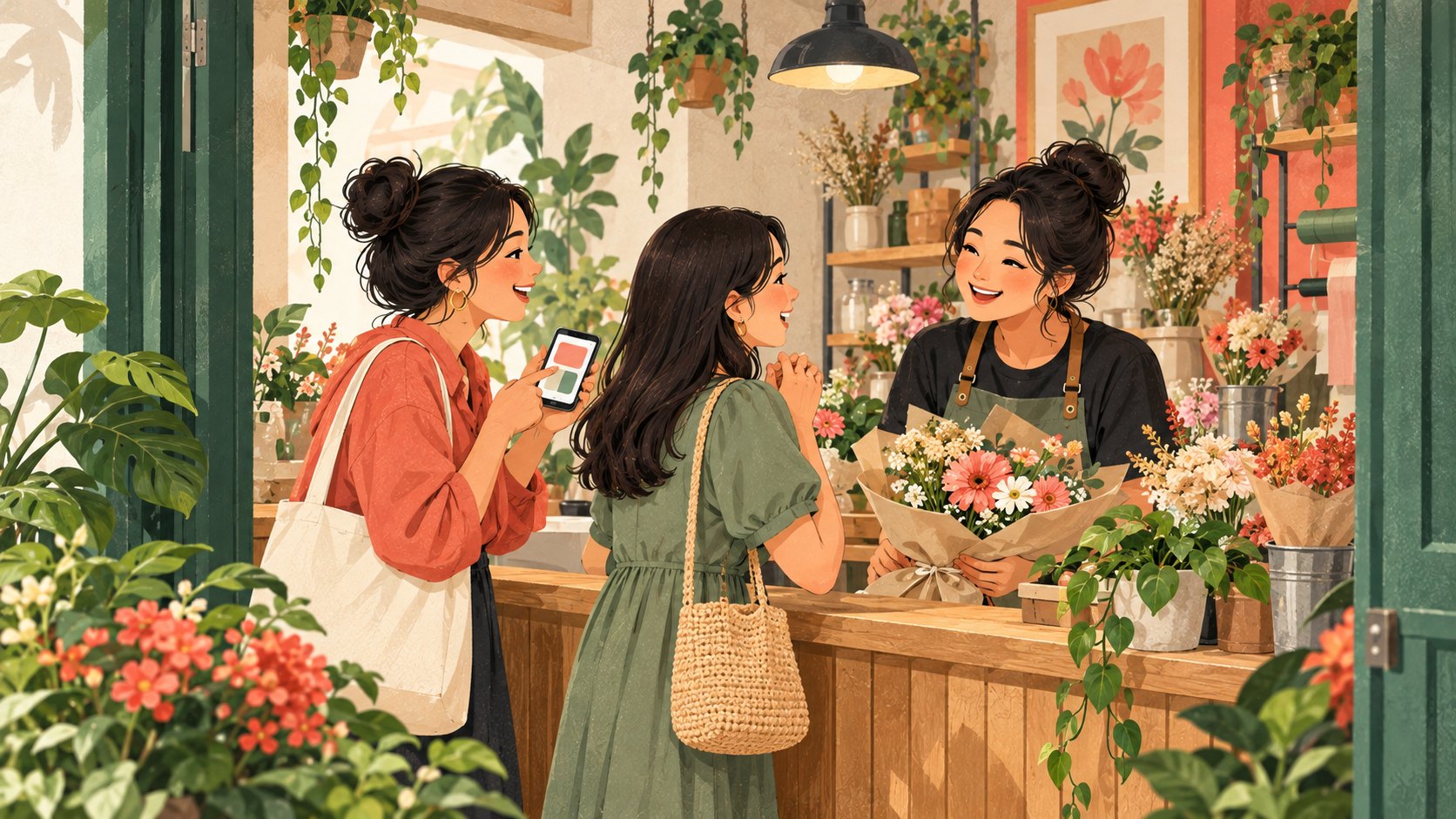 Illustration of a regular customer introducing a friend to a neighbourhood florist