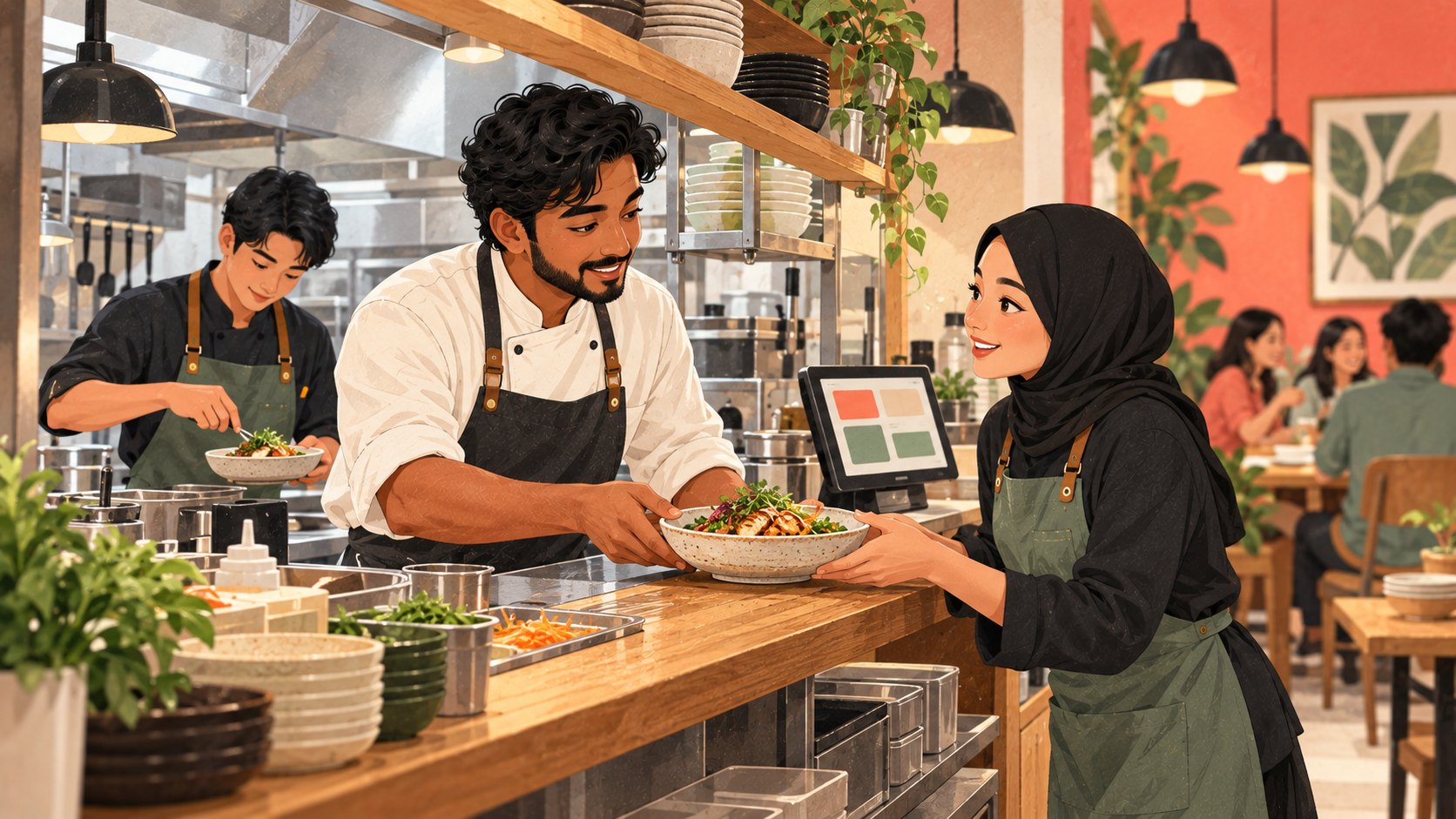 Illustration of a chef handing a prepared bowl to a server at a restaurant kitchen pass