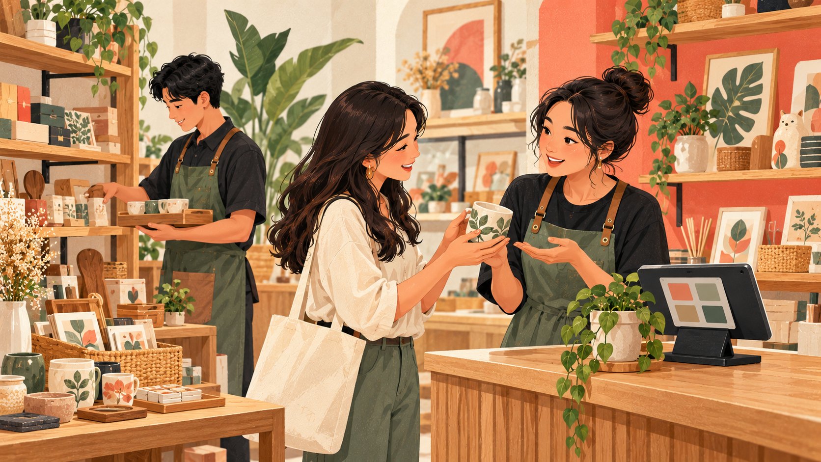 Illustration of a gift-shop owner helping a customer choose ceramics while a colleague checks stock