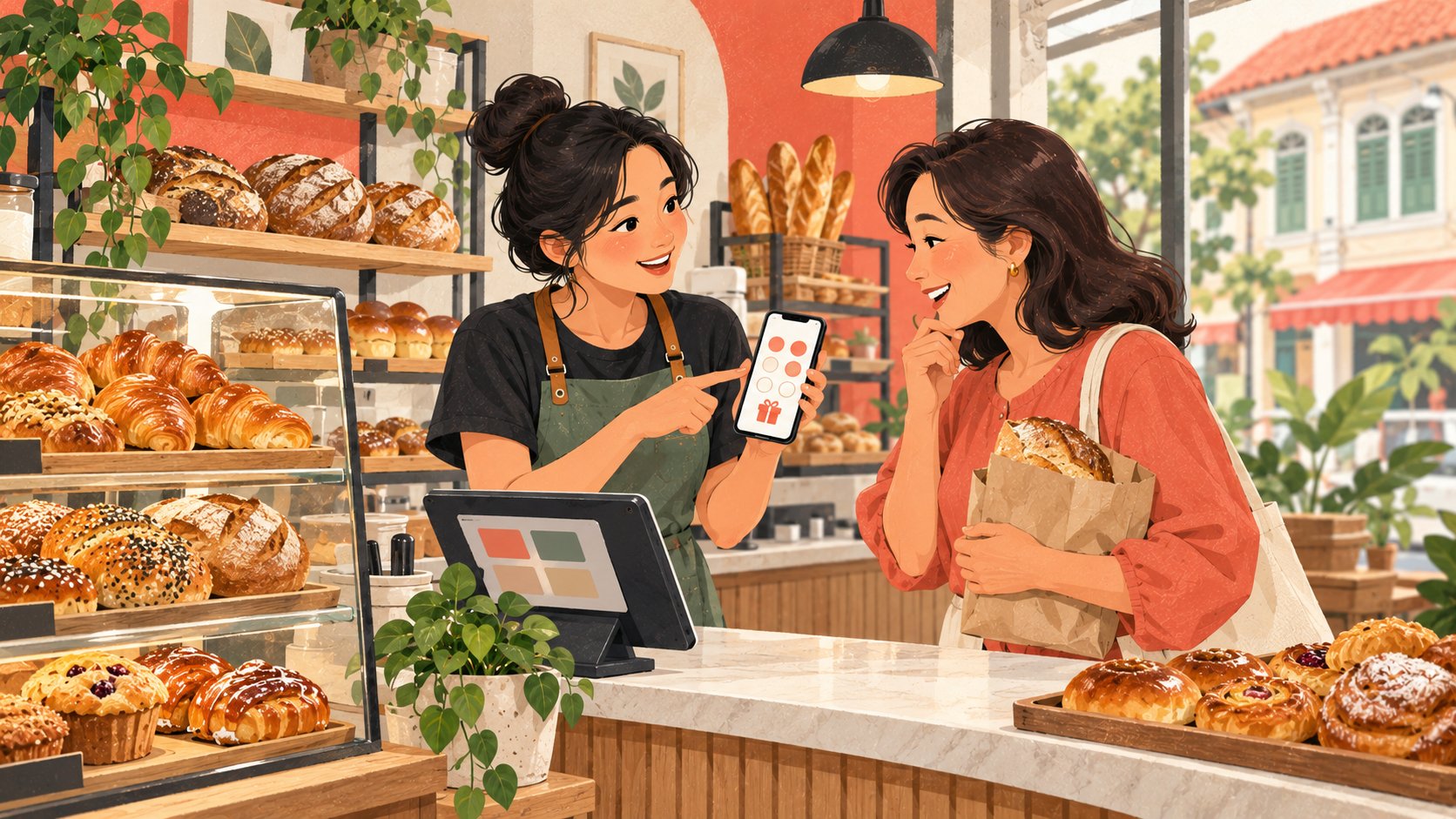Illustration of a bakery owner explaining a digital loyalty stamp card to a returning customer