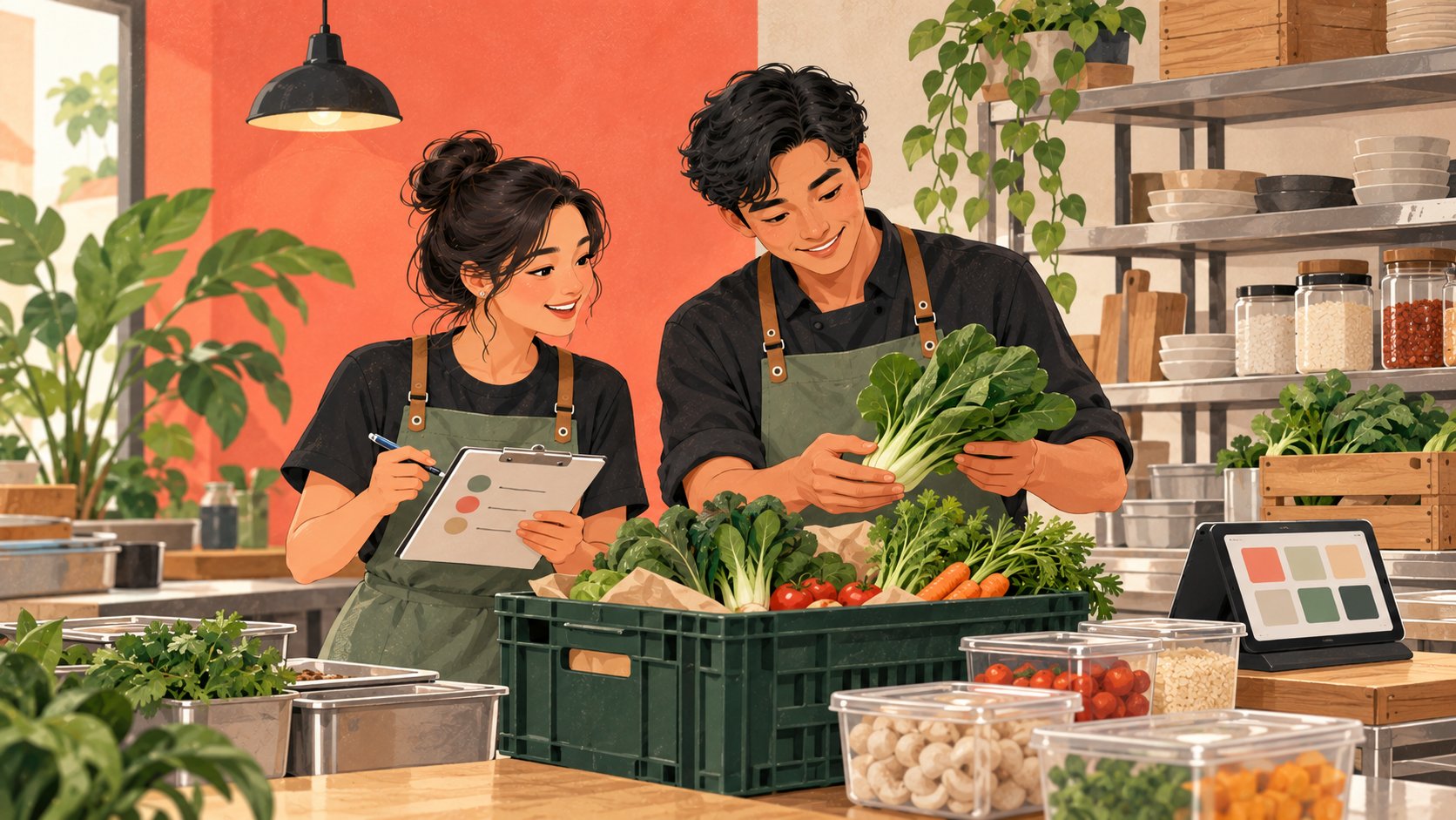 Fictional Singapore restaurant team checking fresh ingredients against a receiving record