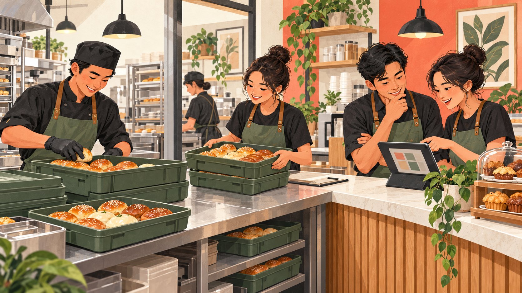 Fictional kitchen and restaurant teams checking finished-food trays during an outlet handoff