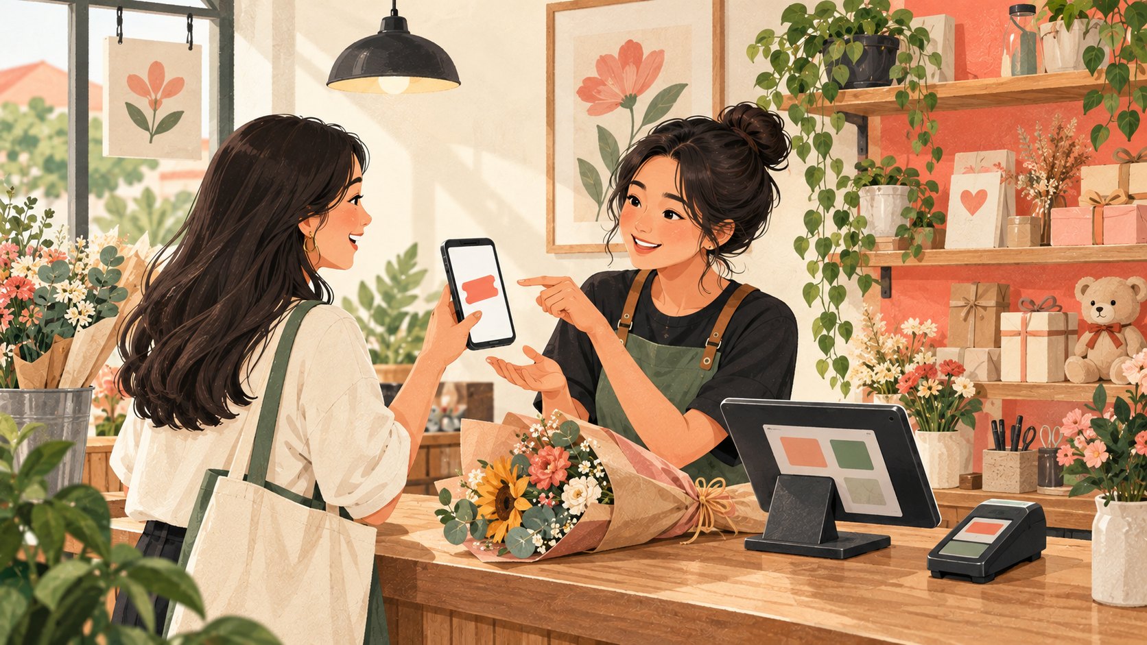 花店店员在结账前向顾客说明数字礼券的插画