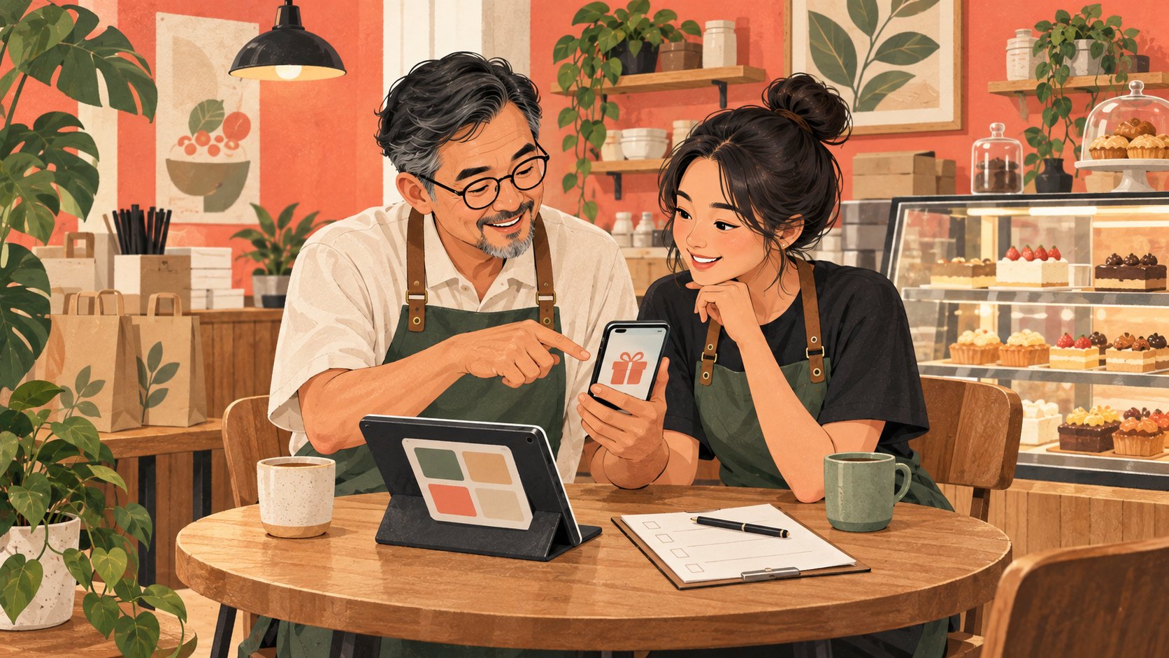 甜品店同事在营业前演练礼券结账流程的插画