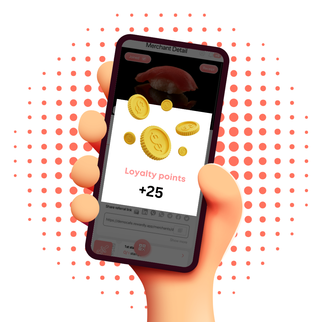 Rewardly illustration of a customer receiving loyalty points on a phone